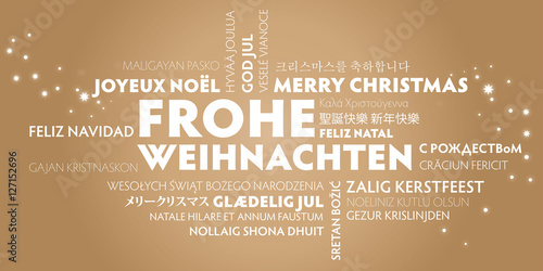 goldene Weihnachtskarte Frohe Weihnachten übersetzt in viele Sprachen