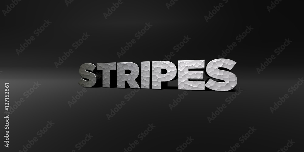 STRIPES - hammered metal finish text on black studio - 3D rendered royalty free stock photo. This image can be used for an online website banner ad or a print postcard.