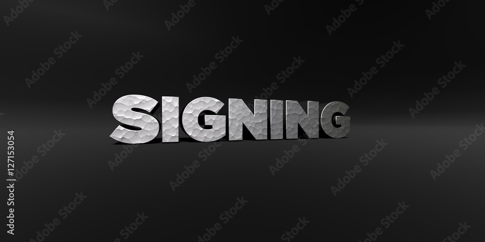 SIGNING - hammered metal finish text on black studio - 3D rendered royalty free stock photo. This image can be used for an online website banner ad or a print postcard. SIGNING - hammered metal finish text on black studio - 3D rendered royalty free stock photo. This image can be used for an online website banner ad or a print postcard.