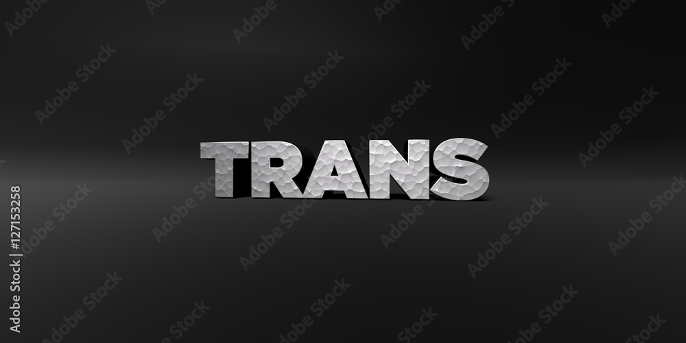 TRANS - hammered metal finish text on black studio - 3D rendered royalty free stock photo. This image can be used for an online website banner ad or a print postcard.