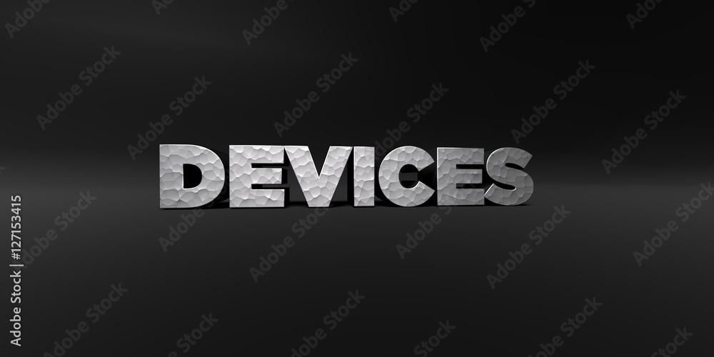 DEVICES - hammered metal finish text on black studio - 3D rendered royalty free stock photo. This image can be used for an online website banner ad or a print postcard. DEVICES - hammered metal finish text on black studio - 3D rendered royalty free stock photo. This image can be used for an online website banner ad or a print postcard.