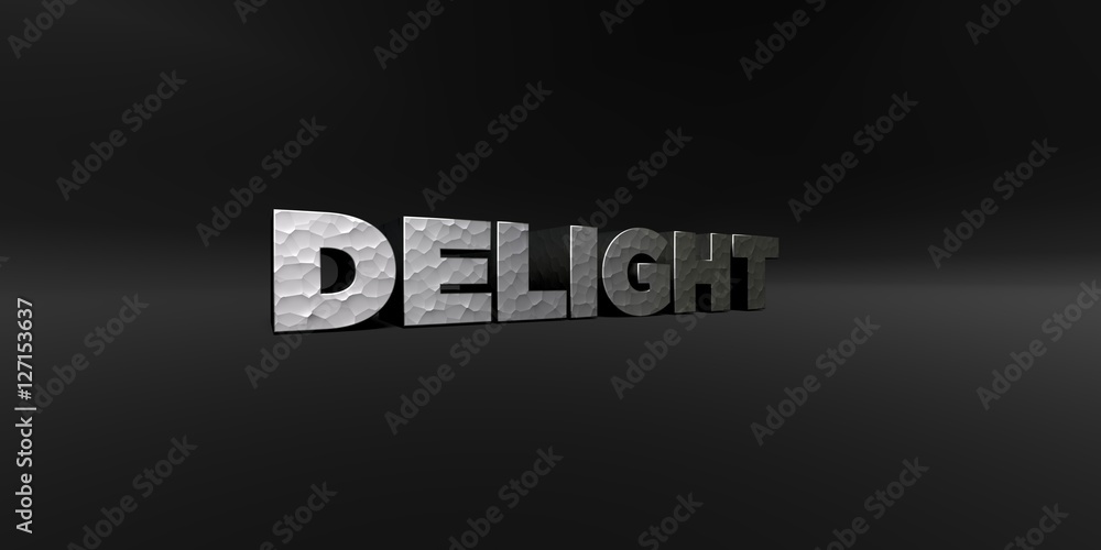 DELIGHT - hammered metal finish text on black studio - 3D rendered royalty free stock photo. This image can be used for an online website banner ad or a print postcard.