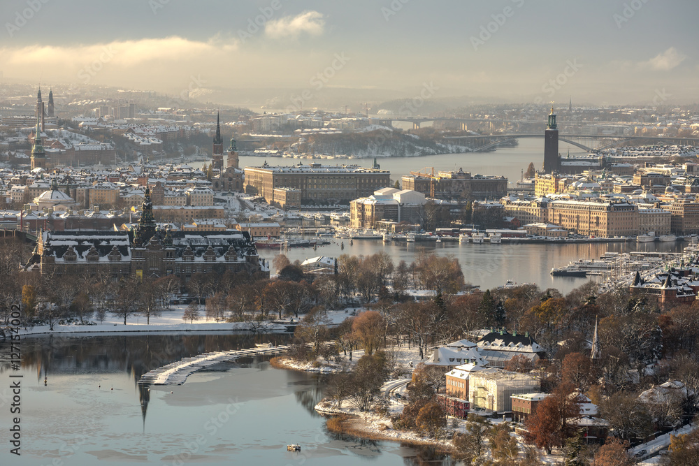 Aerial view of Stockholm city during the winter