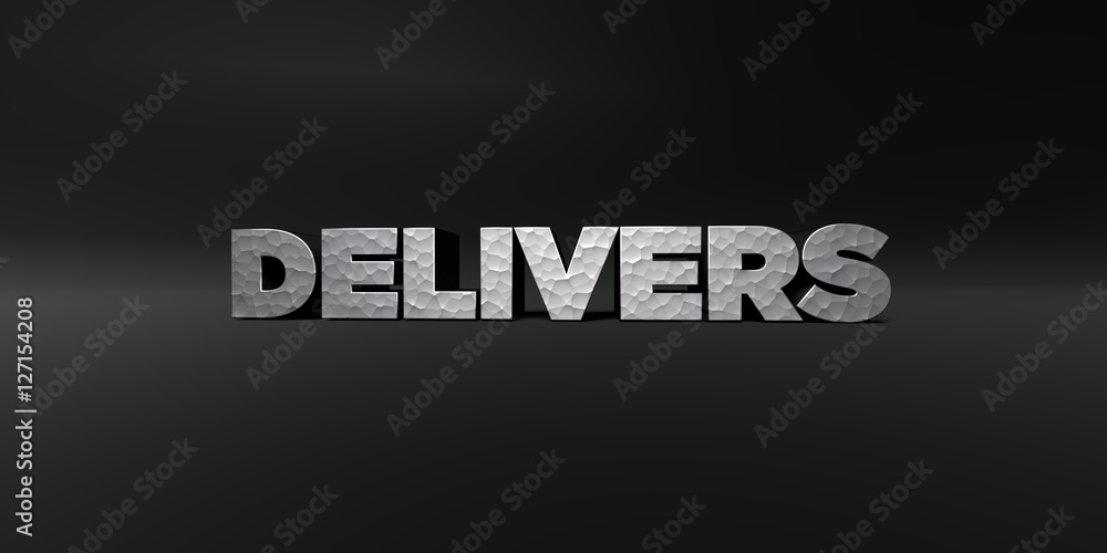 DELIVERS - hammered metal finish text on black studio - 3D rendered royalty free stock photo. This image can be used for an online website banner ad or a print postcard.