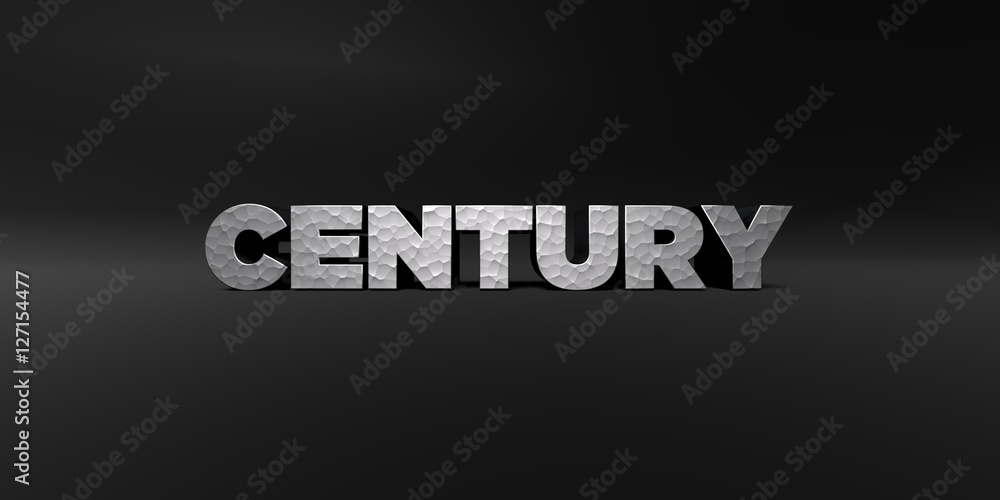 CENTURY - hammered metal finish text on black studio - 3D rendered royalty free stock photo. This image can be used for an online website banner ad or a print postcard.