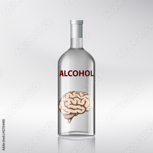 Human brain inside a bottle with alcohol. Stock vector illustrat