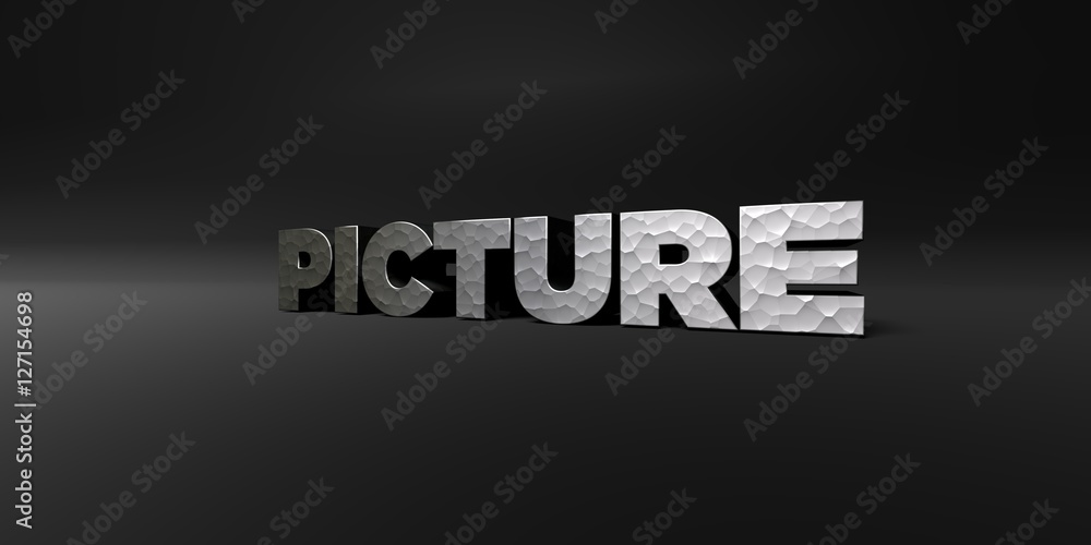PICTURE - hammered metal finish text on black studio - 3D rendered royalty free stock photo. This image can be used for an online website banner ad or a print postcard.