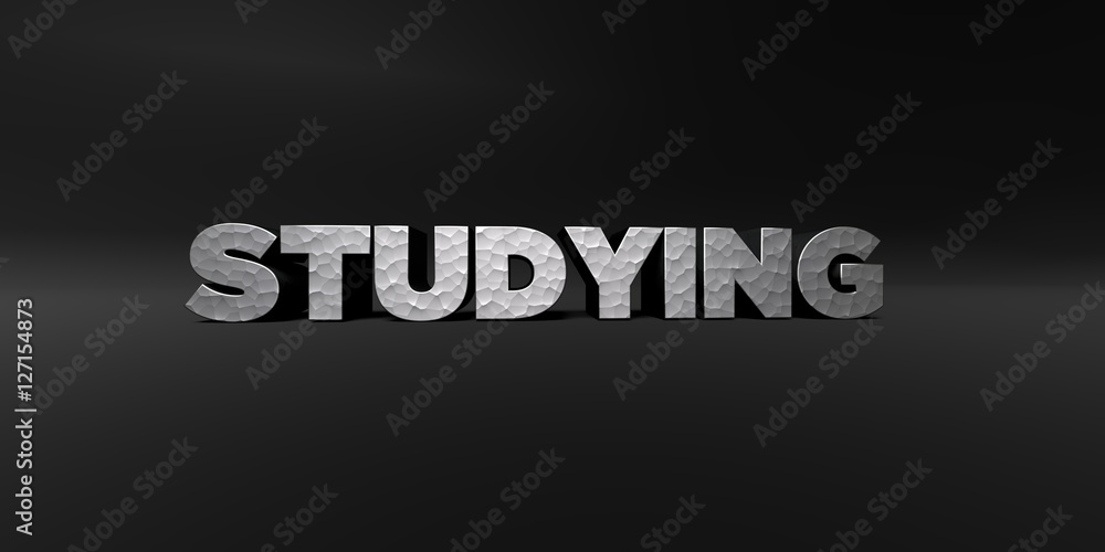 STUDYING - hammered metal finish text on black studio - 3D rendered royalty free stock photo. This image can be used for an online website banner ad or a print postcard. STUDYING - hammered metal finish text on black studio - 3D rendered royalty free stock photo. This image can be used for an online website banner ad or a print postcard.