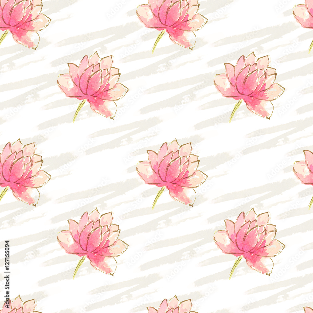 Seamless pattern with beautiful hand drawn water lilies on white background, watercolor illustration.