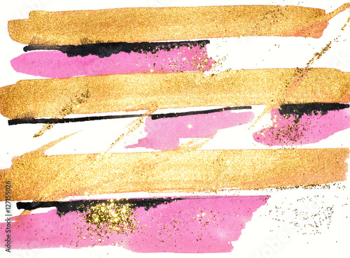 Abstract gold, pink and black watercolor stripes and golden glitter on white background.