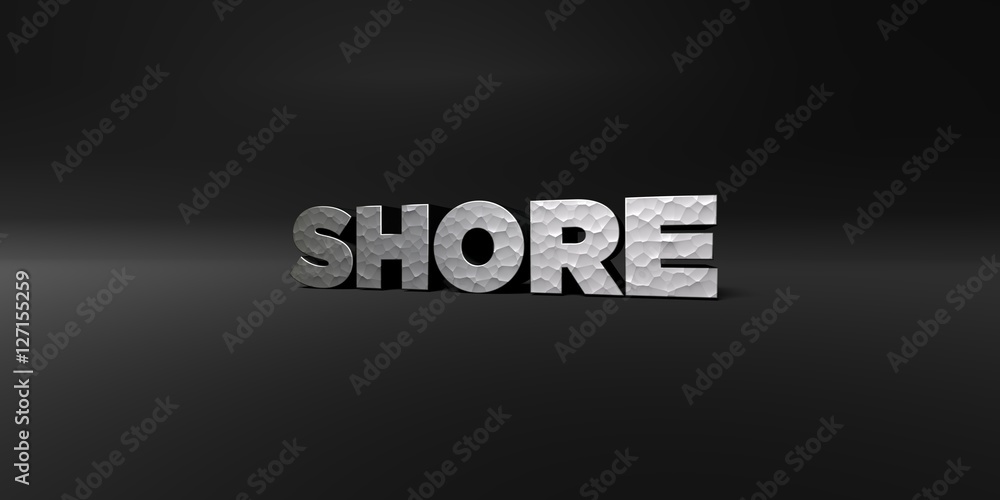 SHORE - hammered metal finish text on black studio - 3D rendered royalty free stock photo. This image can be used for an online website banner ad or a print postcard. SHORE - hammered metal finish text on black studio - 3D rendered royalty free stock photo. This image can be used for an online website banner ad or a print postcard.