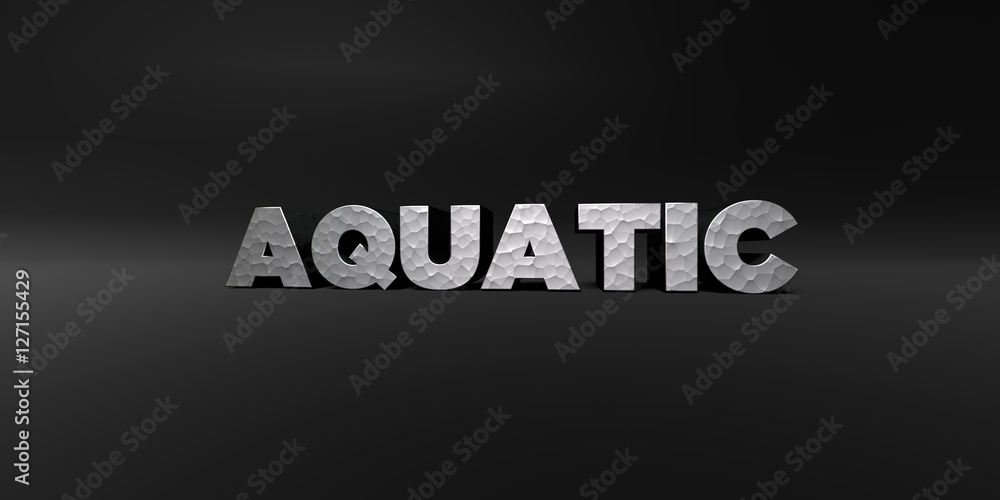 AQUATIC - hammered metal finish text on black studio - 3D rendered royalty free stock photo. This image can be used for an online website banner ad or a print postcard.