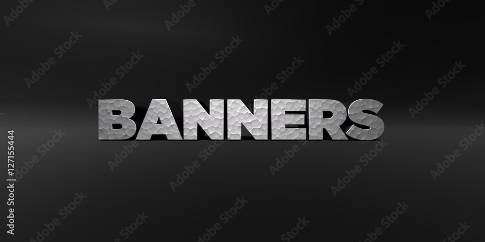 BANNERS - hammered metal finish text on black studio - 3D rendered royalty free stock photo. This image can be used for an online website banner ad or a print postcard.