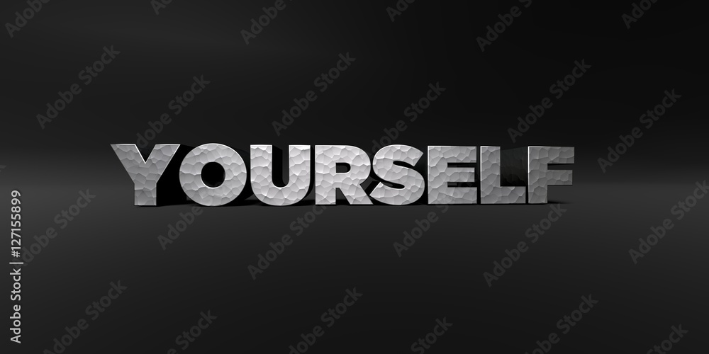 YOURSELF - hammered metal finish text on black studio - 3D rendered royalty free stock photo. This image can be used for an online website banner ad or a print postcard.