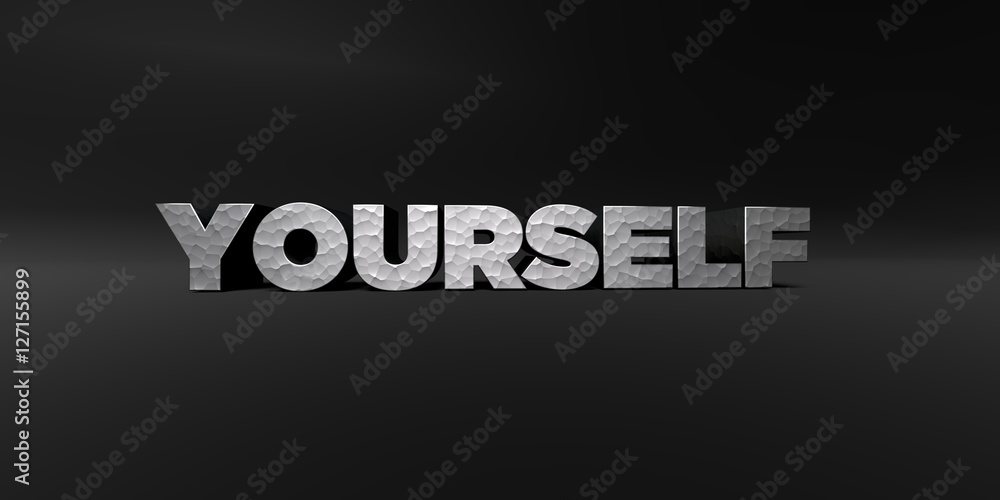YOURSELF - hammered metal finish text on black studio - 3D rendered royalty free stock photo. This image can be used for an online website banner ad or a print postcard. YOURSELF - hammered metal finish text on black studio - 3D rendered royalty free stock photo. This image can be used for an online website banner ad or a print postcard.