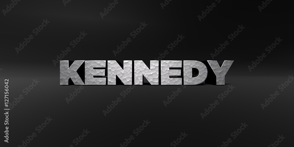 KENNEDY - hammered metal finish text on black studio - 3D rendered royalty free stock photo. This image can be used for an online website banner ad or a print postcard.