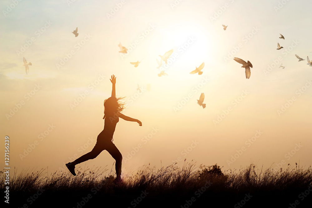 Woman and flying birds enjoying life in nature on sunset background - obrazy, fototapety, plakaty 