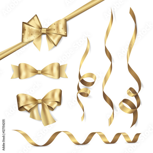 Vector set of shiny golden ribbons and bows. Collection of realistic elements for your design gift card or invitation. Isolated from the background.
