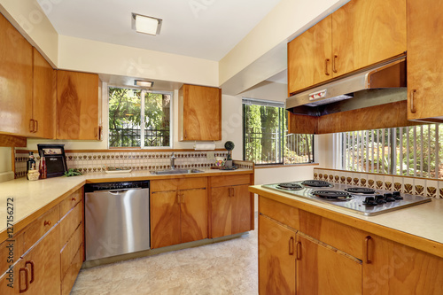 Wooden kitchen cabinets, steel stove and backspalsh.