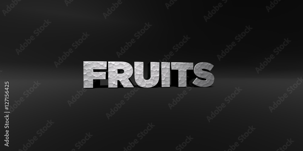 Obraz premium FRUITS - hammered metal finish text on black studio - 3D rendered royalty free stock photo. This image can be used for an online website banner ad or a print postcard.