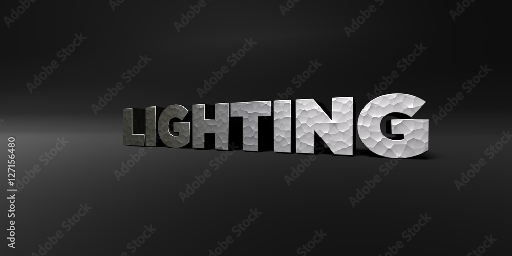 LIGHTING - hammered metal finish text on black studio - 3D rendered royalty free stock photo. This image can be used for an online website banner ad or a print postcard.