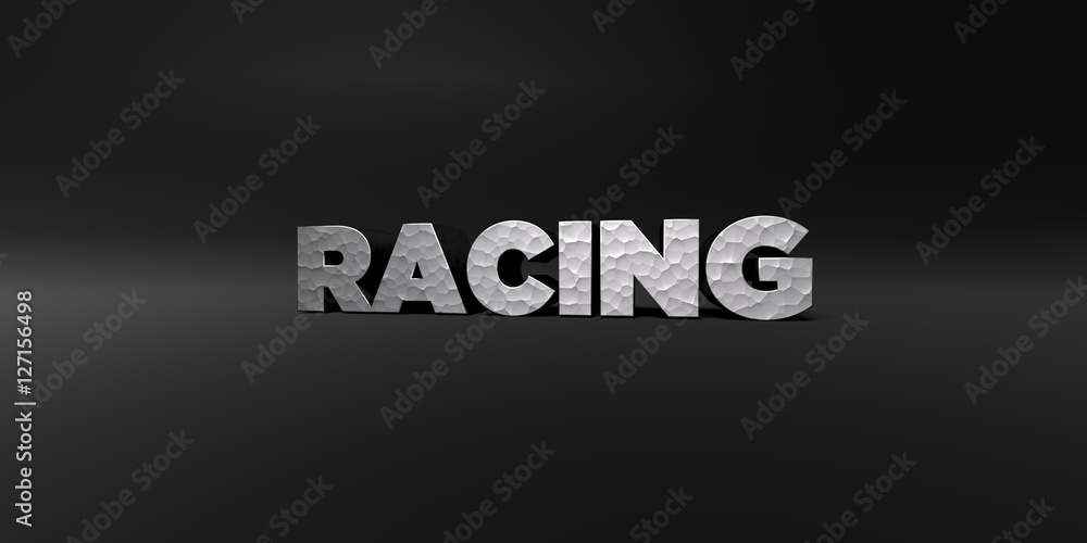 Obraz premium RACING - hammered metal finish text on black studio - 3D rendered royalty free stock photo. This image can be used for an online website banner ad or a print postcard.