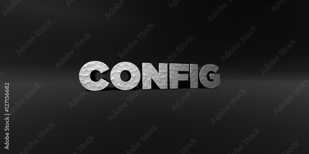 CONFIG - hammered metal finish text on black studio - 3D rendered royalty free stock photo. This image can be used for an online website banner ad or a print postcard. CONFIG - hammered metal finish text on black studio - 3D rendered royalty free stock photo. This image can be used for an online website banner ad or a print postcard.