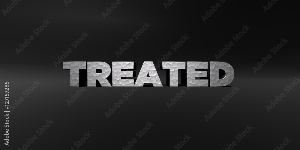TREATED - hammered metal finish text on black studio - 3D rendered royalty free stock photo. This image can be used for an online website banner ad or a print postcard.