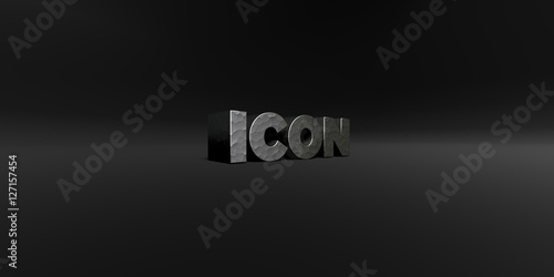 ICON - hammered metal finish text on black studio - 3D rendered royalty free stock photo. This image can be used for an online website banner ad or a print postcard.