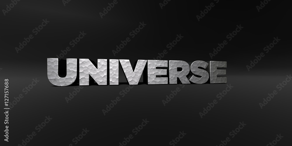 Obraz premium UNIVERSE - hammered metal finish text on black studio - 3D rendered royalty free stock photo. This image can be used for an online website banner ad or a print postcard.