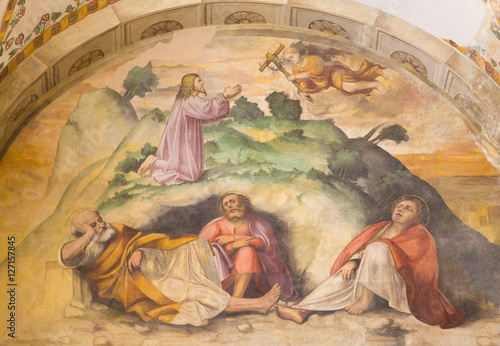 BRESCIA, ITALY - MAY 21, 2016: The Jesus prayer in Gethsemane garden fresco in of church Chiesa di San Giuseppe by Romanino school (15 - 16. cent.)
