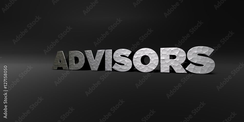 ADVISORS - hammered metal finish text on black studio - 3D rendered royalty free stock photo. This image can be used for an online website banner ad or a print postcard.