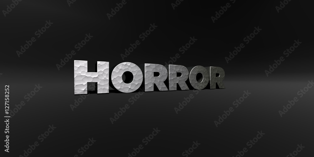 HORROR - hammered metal finish text on black studio - 3D rendered royalty free stock photo. This image can be used for an online website banner ad or a print postcard.