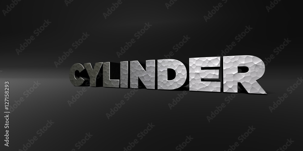CYLINDER - hammered metal finish text on black studio - 3D rendered royalty free stock photo. This image can be used for an online website banner ad or a print postcard.