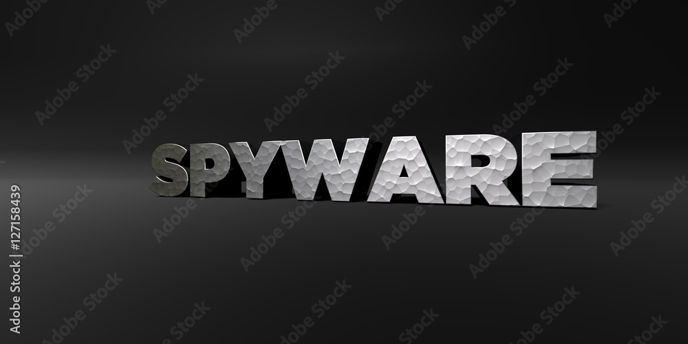 SPYWARE - hammered metal finish text on black studio - 3D rendered royalty free stock photo. This image can be used for an online website banner ad or a print postcard.