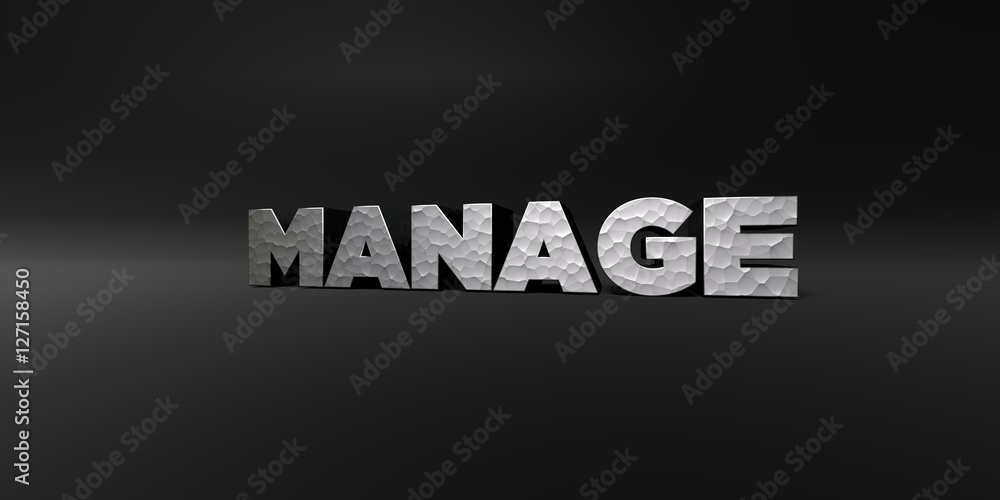 MANAGE - hammered metal finish text on black studio - 3D rendered royalty free stock photo. This image can be used for an online website banner ad or a print postcard. MANAGE - hammered metal finish text on black studio - 3D rendered royalty free stock photo. This image can be used for an online website banner ad or a print postcard.