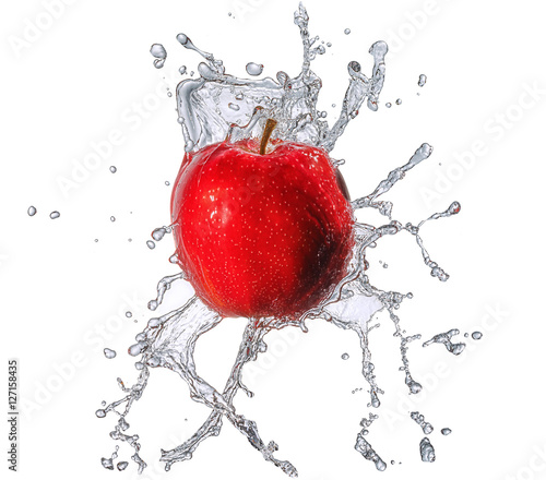 Water splash and fruits isolated on white backgroud with clipping path. Fresh apple