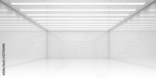 Empty 3d white room with stripes of ceiling lights