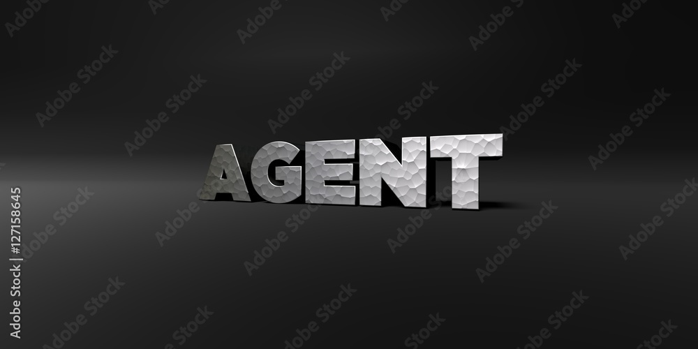 AGENT - hammered metal finish text on black studio - 3D rendered royalty free stock photo. This image can be used for an online website banner ad or a print postcard.