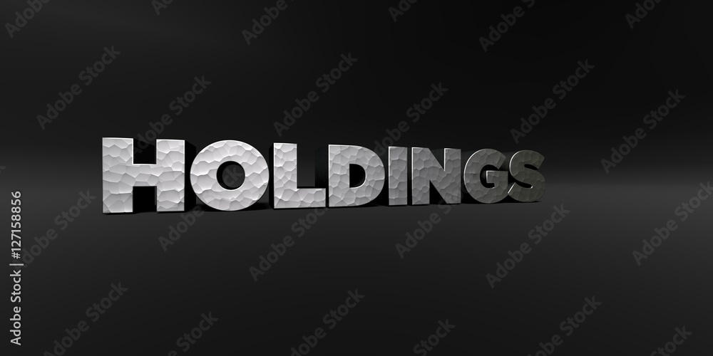 Fototapeta premium HOLDINGS - hammered metal finish text on black studio - 3D rendered royalty free stock photo. This image can be used for an online website banner ad or a print postcard.