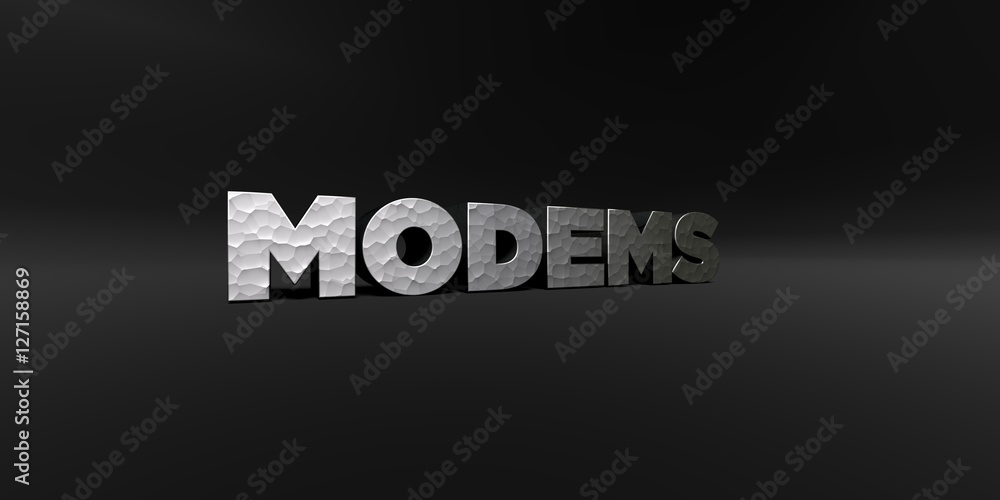 MODEMS - hammered metal finish text on black studio - 3D rendered royalty free stock photo. This image can be used for an online website banner ad or a print postcard.
