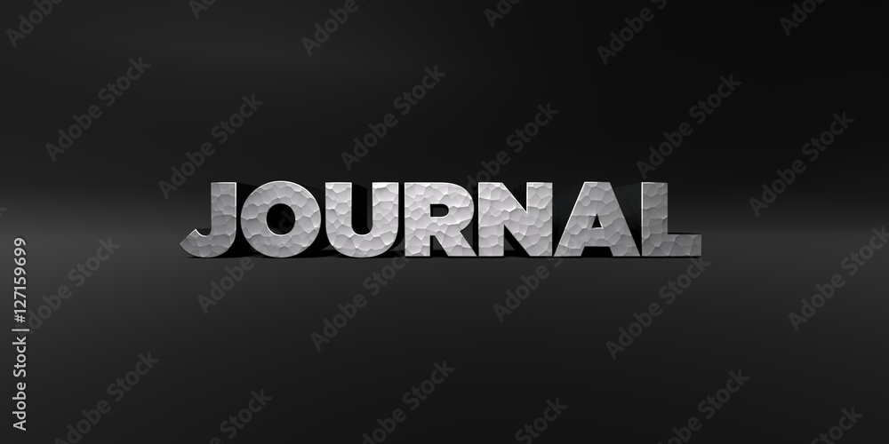 JOURNAL - hammered metal finish text on black studio - 3D rendered royalty free stock photo. This image can be used for an online website banner ad or a print postcard.