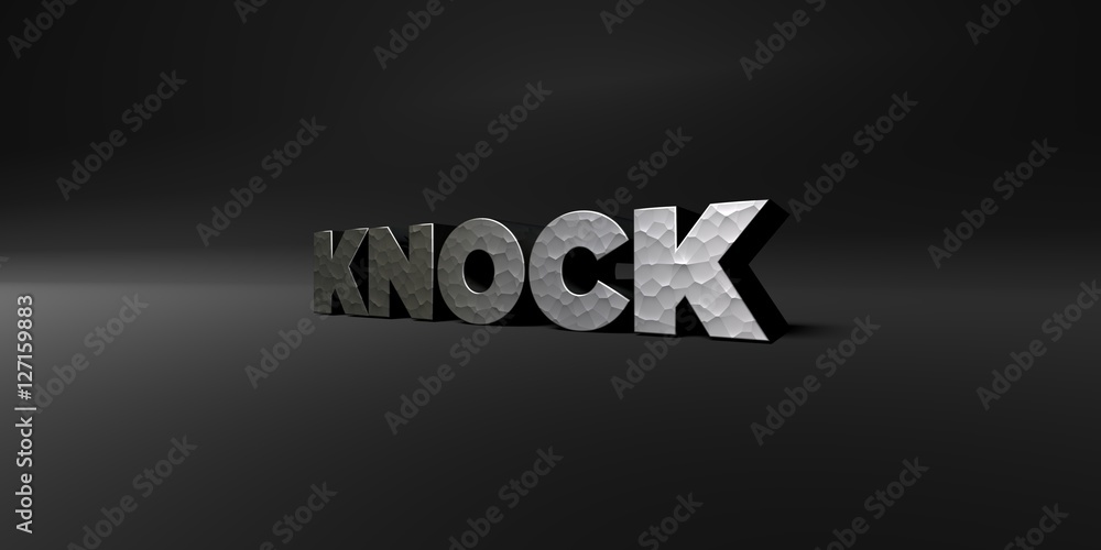 KNOCK - hammered metal finish text on black studio - 3D rendered royalty free stock photo. This image can be used for an online website banner ad or a print postcard.