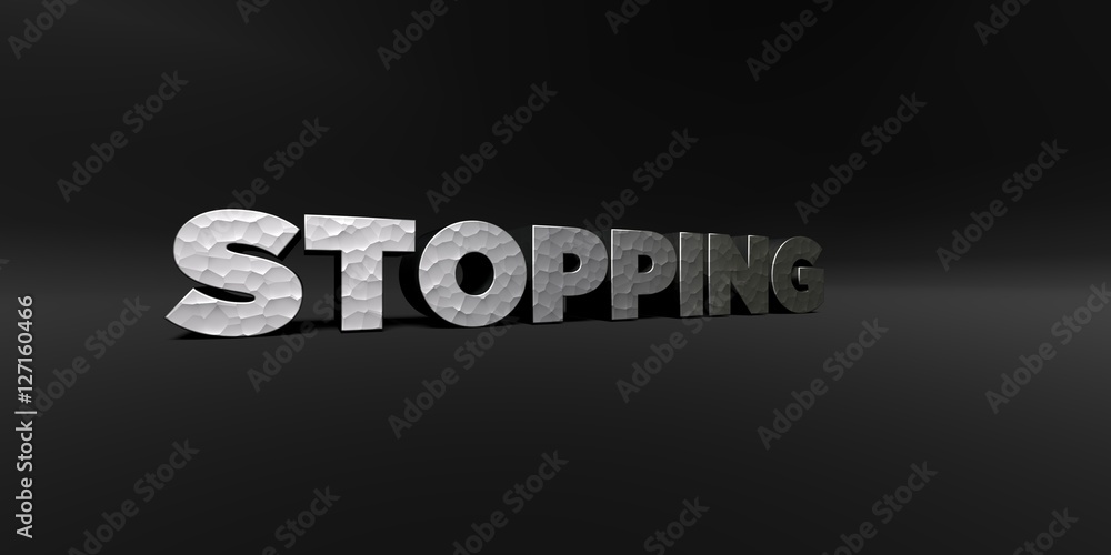 STOPPING - hammered metal finish text on black studio - 3D rendered royalty free stock photo. This image can be used for an online website banner ad or a print postcard. STOPPING - hammered metal finish text on black studio - 3D rendered royalty free stock photo. This image can be used for an online website banner ad or a print postcard.
