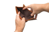 empty genuine leather wallet brown color in male hands, poor man looking for some money in the wallet from bankruptcy.
