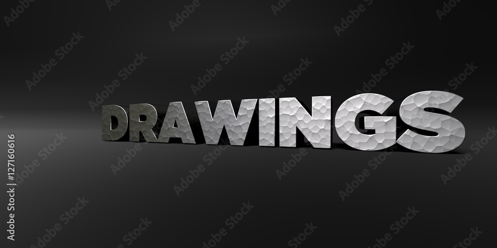 DRAWINGS - hammered metal finish text on black studio - 3D rendered royalty free stock photo. This image can be used for an online website banner ad or a print postcard.