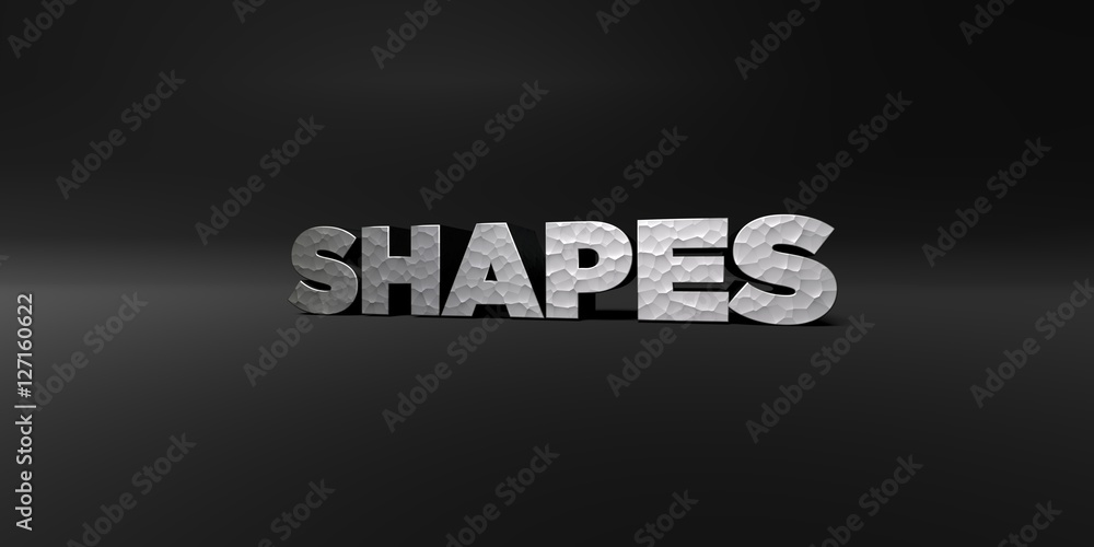 SHAPES - hammered metal finish text on black studio - 3D rendered royalty free stock photo. This image can be used for an online website banner ad or a print postcard. SHAPES - hammered metal finish text on black studio - 3D rendered royalty free stock photo. This image can be used for an online website banner ad or a print postcard.