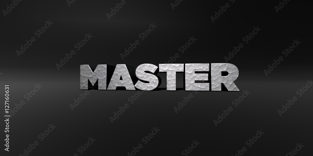 MASTER - hammered metal finish text on black studio - 3D rendered royalty free stock photo. This image can be used for an online website banner ad or a print postcard.