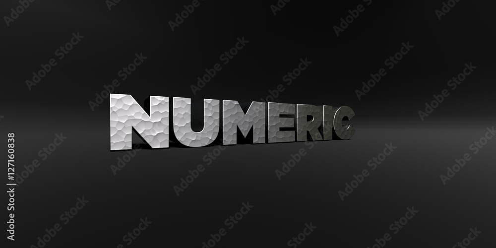 NUMERIC - hammered metal finish text on black studio - 3D rendered royalty free stock photo. This image can be used for an online website banner ad or a print postcard.