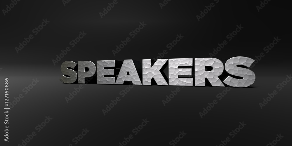 SPEAKERS - hammered metal finish text on black studio - 3D rendered royalty free stock photo. This image can be used for an online website banner ad or a print postcard. SPEAKERS - hammered metal finish text on black studio - 3D rendered royalty free stock photo. This image can be used for an online website banner ad or a print postcard.